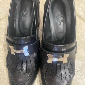 Hermes Black Leather Fringe Loafers with Silver H Hardware